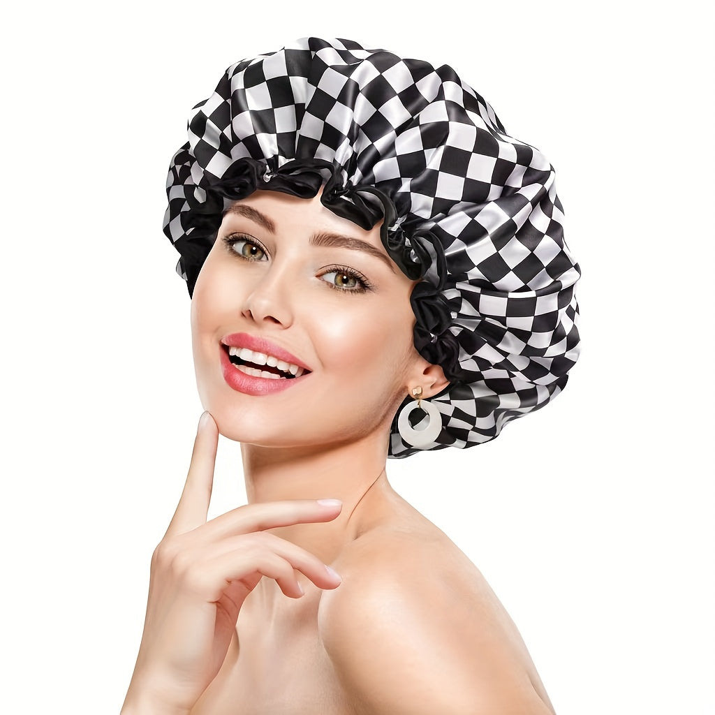 Checkerboard Pattern Hair Drying Cap Waterproof Shower Cap