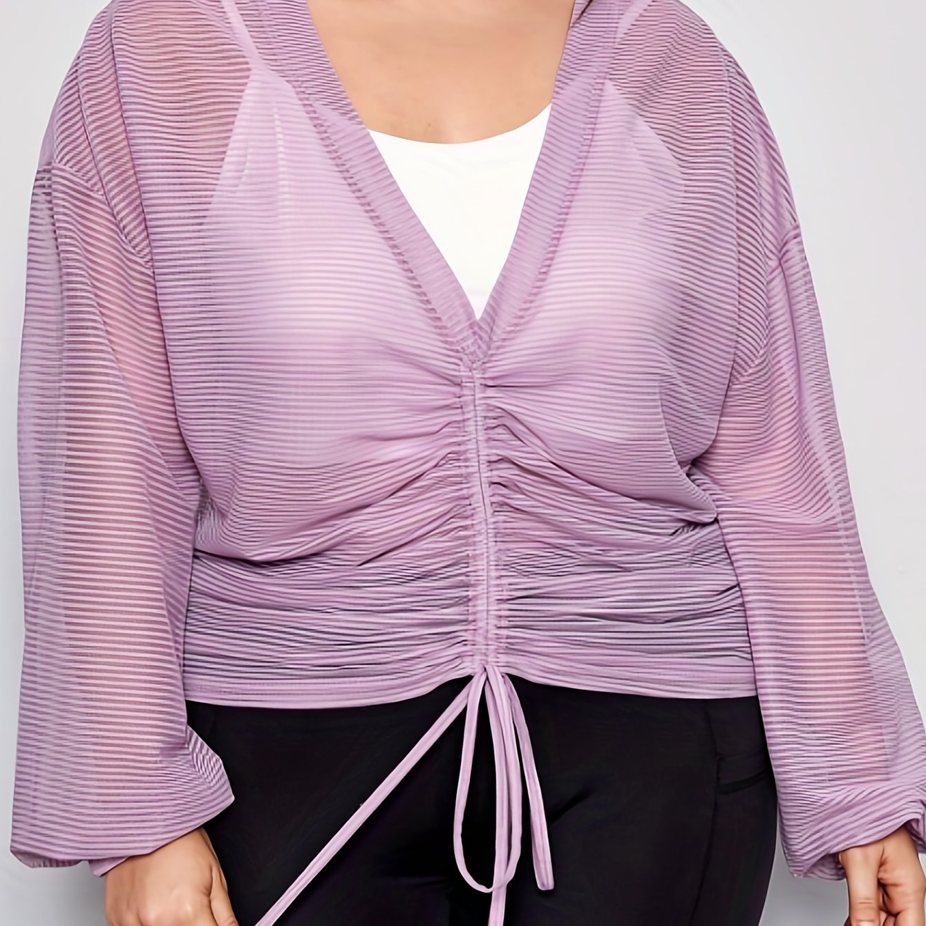 Striped V Neck Drawstring Knot Ruched Top & Crop Cami Set
