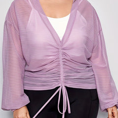 Striped V Neck Drawstring Knot Ruched Top & Crop Cami Set