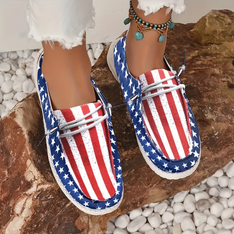 Women's Patriotic Boat Shoes Star Stripe Canvas Lace Sneak
