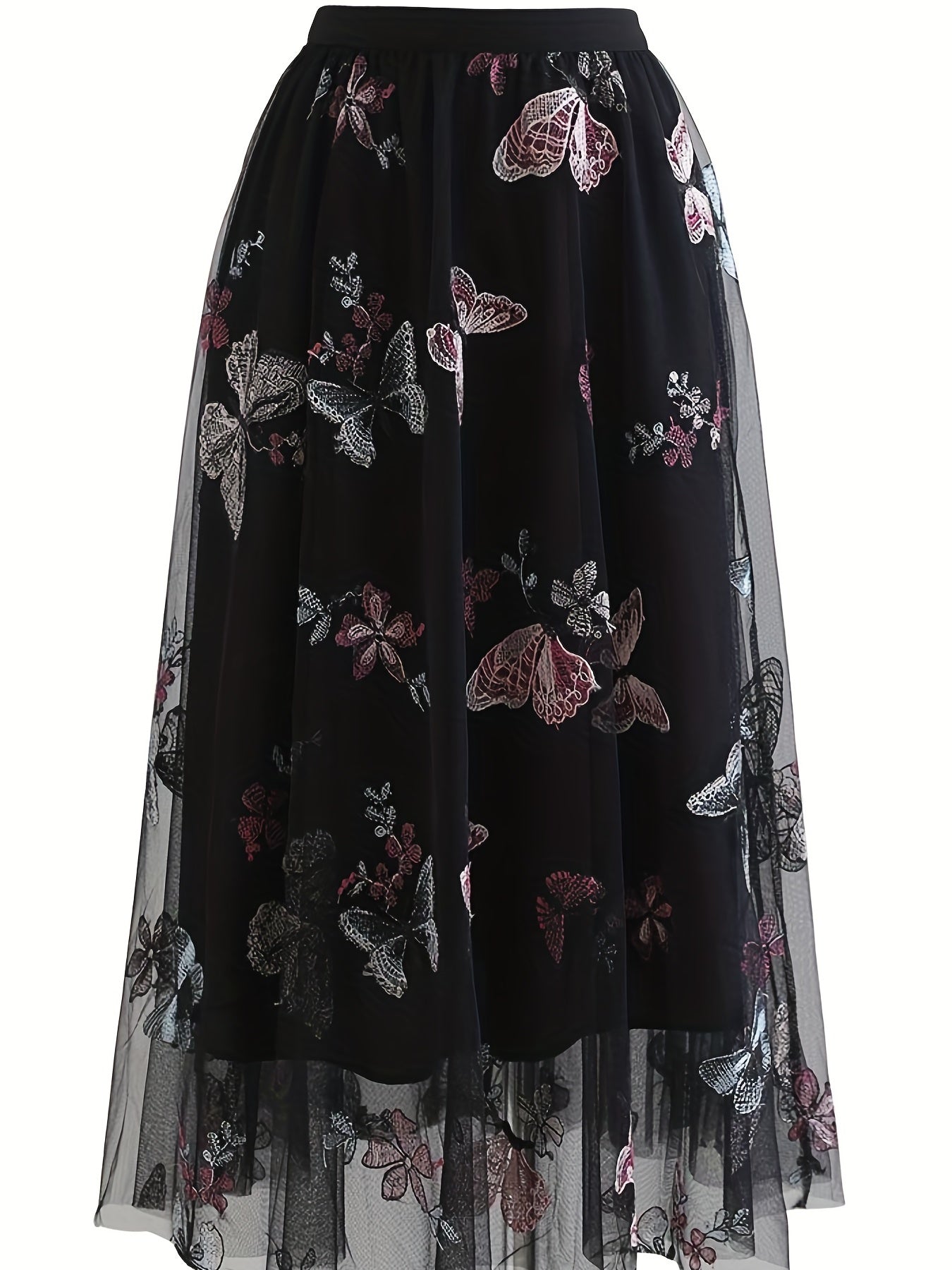 Butterfly Embroidered Midi Dress Elastic Waist Vacation Casual Dress