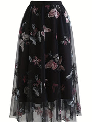 Butterfly Embroidered Midi Dress Elastic Waist Vacation Casual Dress