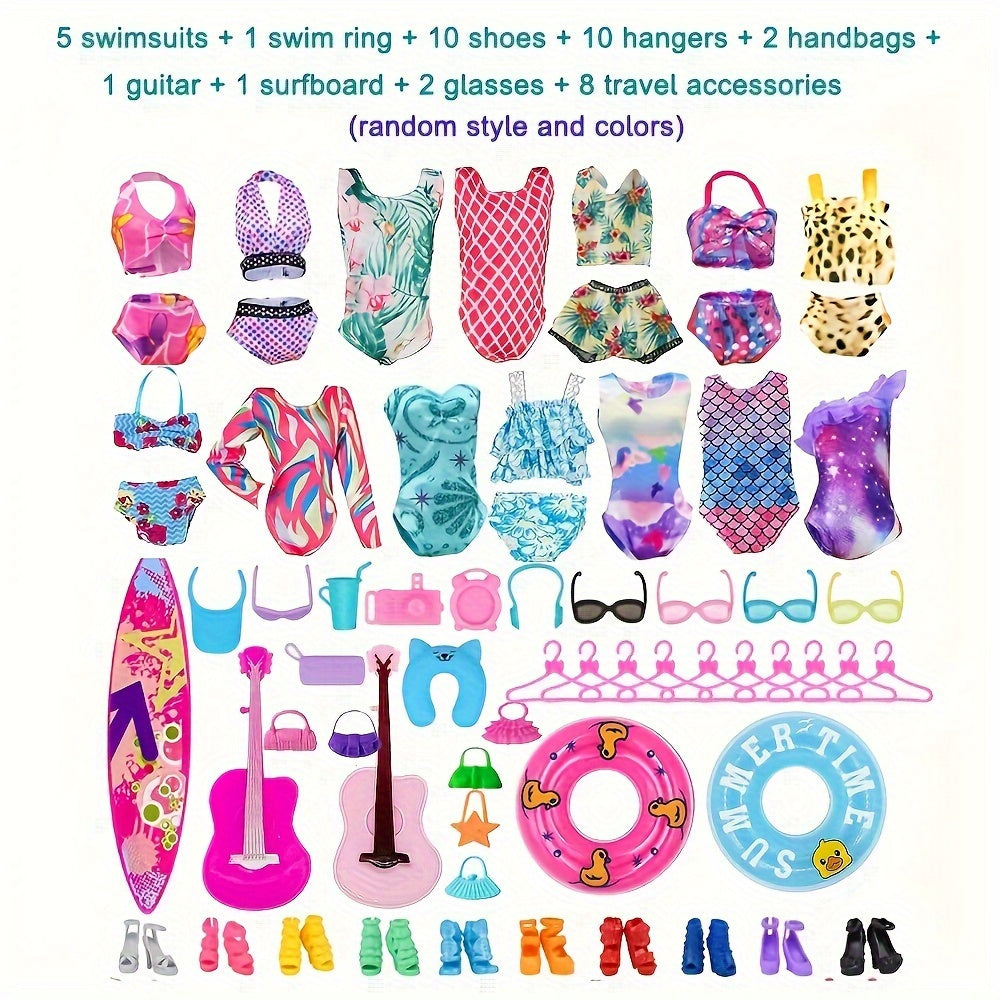40pc Doll Clothing & Accessories Playset with Shoes, Handbags, Surfboard, Guitar