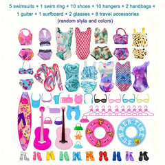 40pc Doll Clothing & Accessories Playset with Shoes, Handbags, Surfboard, Guitar
