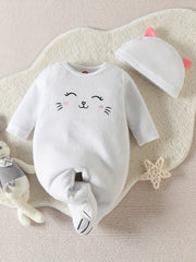Baby Girls Smile Face Print Romper With Hat 2pcs Set