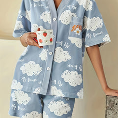 Cloud Print Lounge Set Short Sleeve Buttons Top & Elastic Waistband Shorts