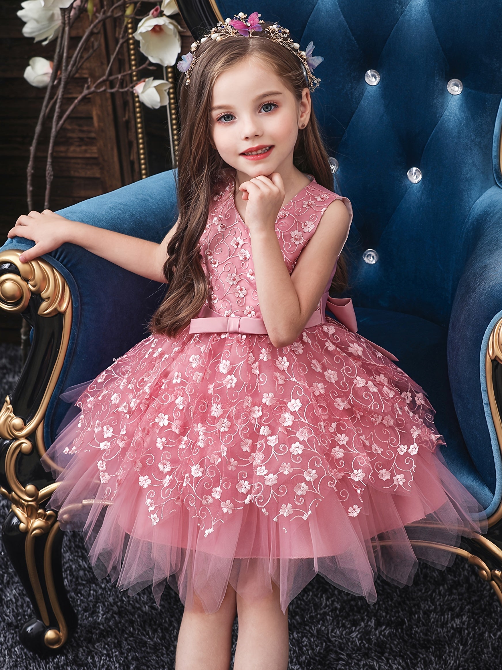Girl's Sleeveless Beaded Embroidery Puffy Dress