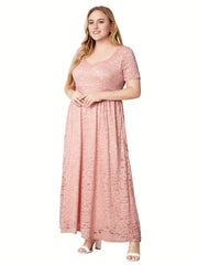 Lace Maxi Dress Scoop Neck Short Sleeve Solid Stretch