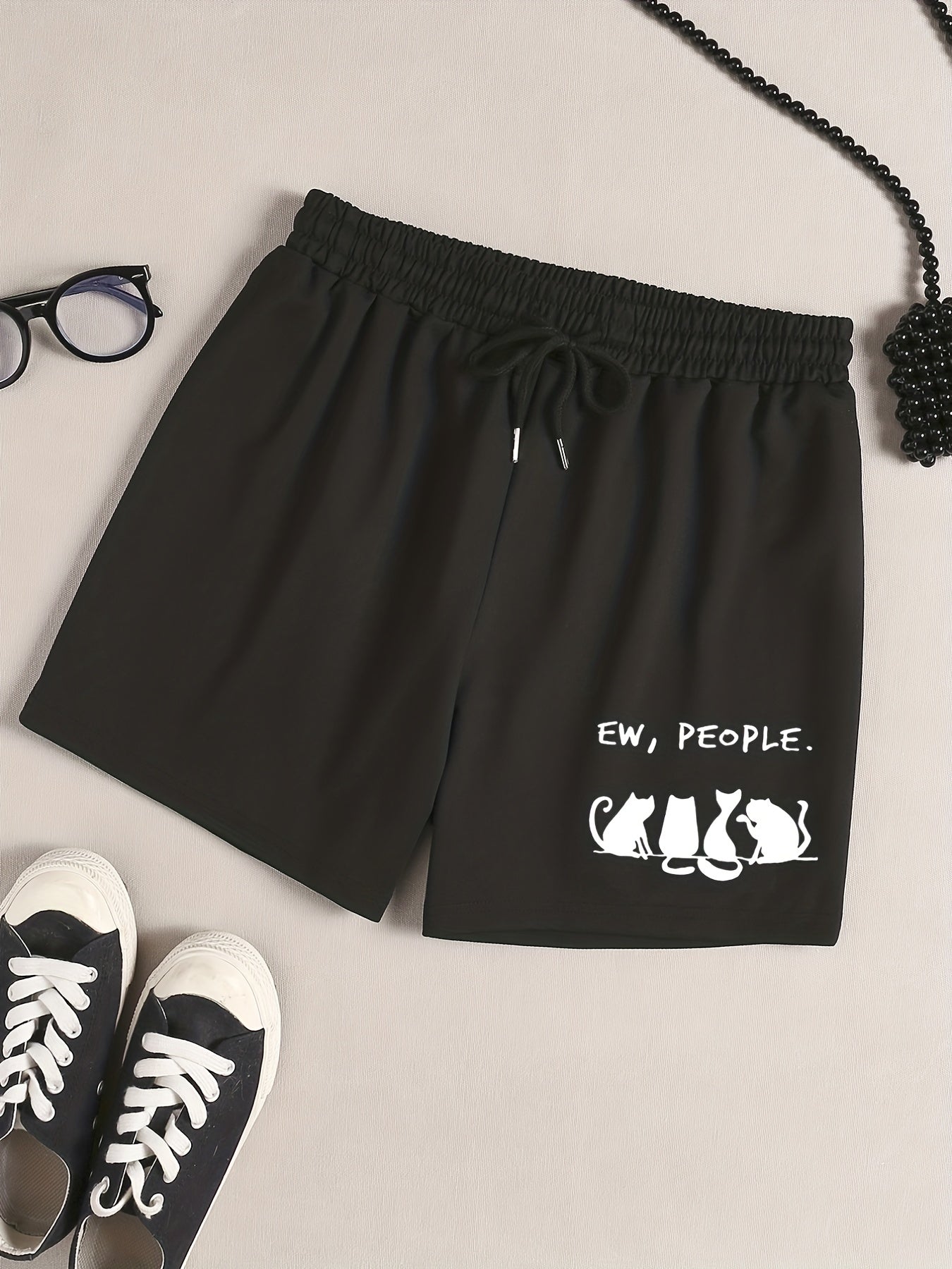 Cat & Letter Print Sporty Pajama Shorts