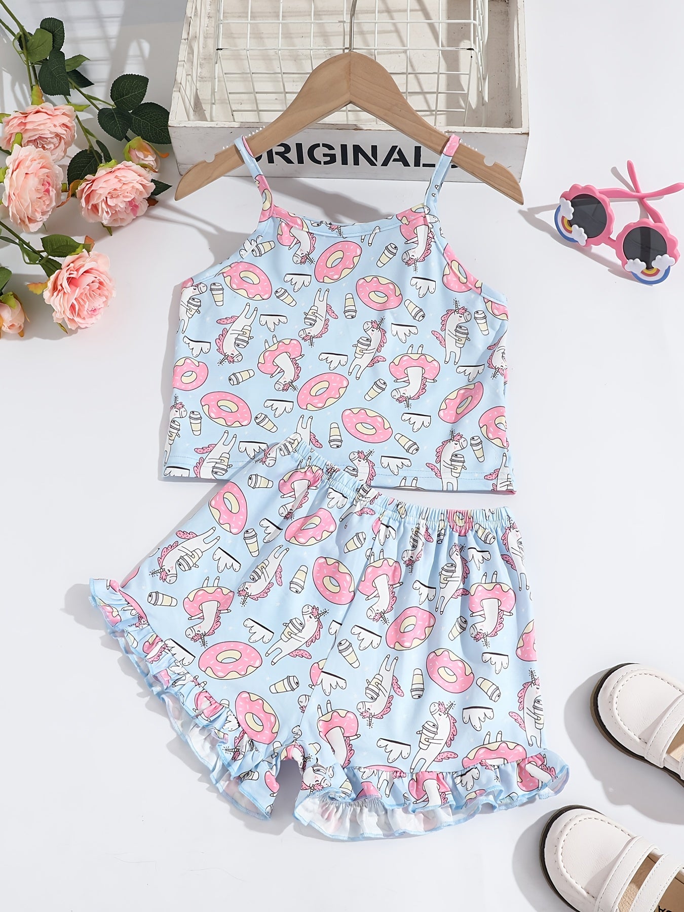 Girls Cotton Unicorn Print Camisole and Shorts Set Summer