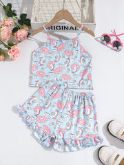 Girls Cotton Unicorn Print Camisole and Shorts Set Summer