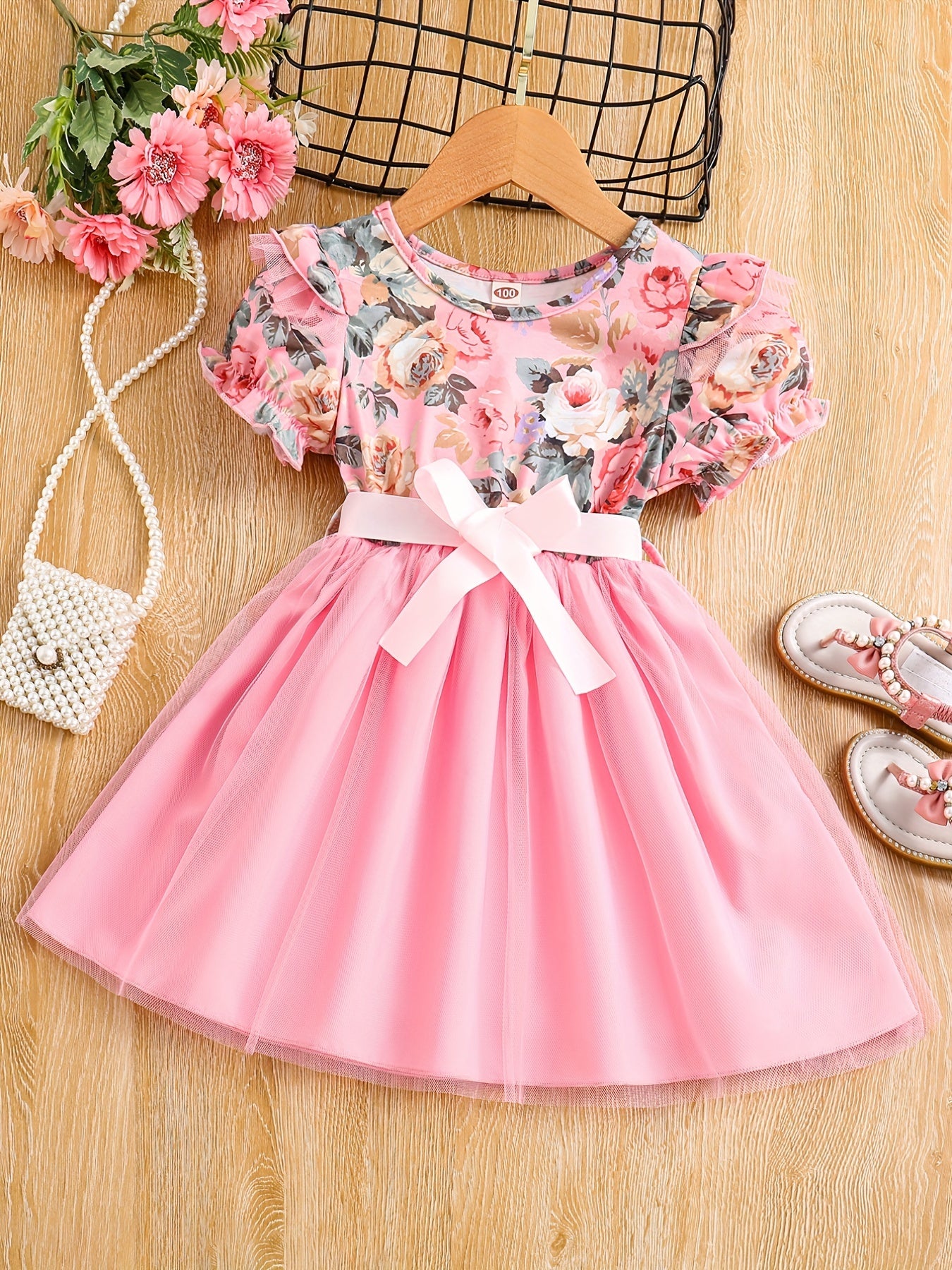 Toddler Girls Floral Princess Dress with Ruffle Trim and Belt