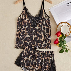 Lace Leopard Pajama Set V Neck Cami Top & Shorts Women's Sleepwear