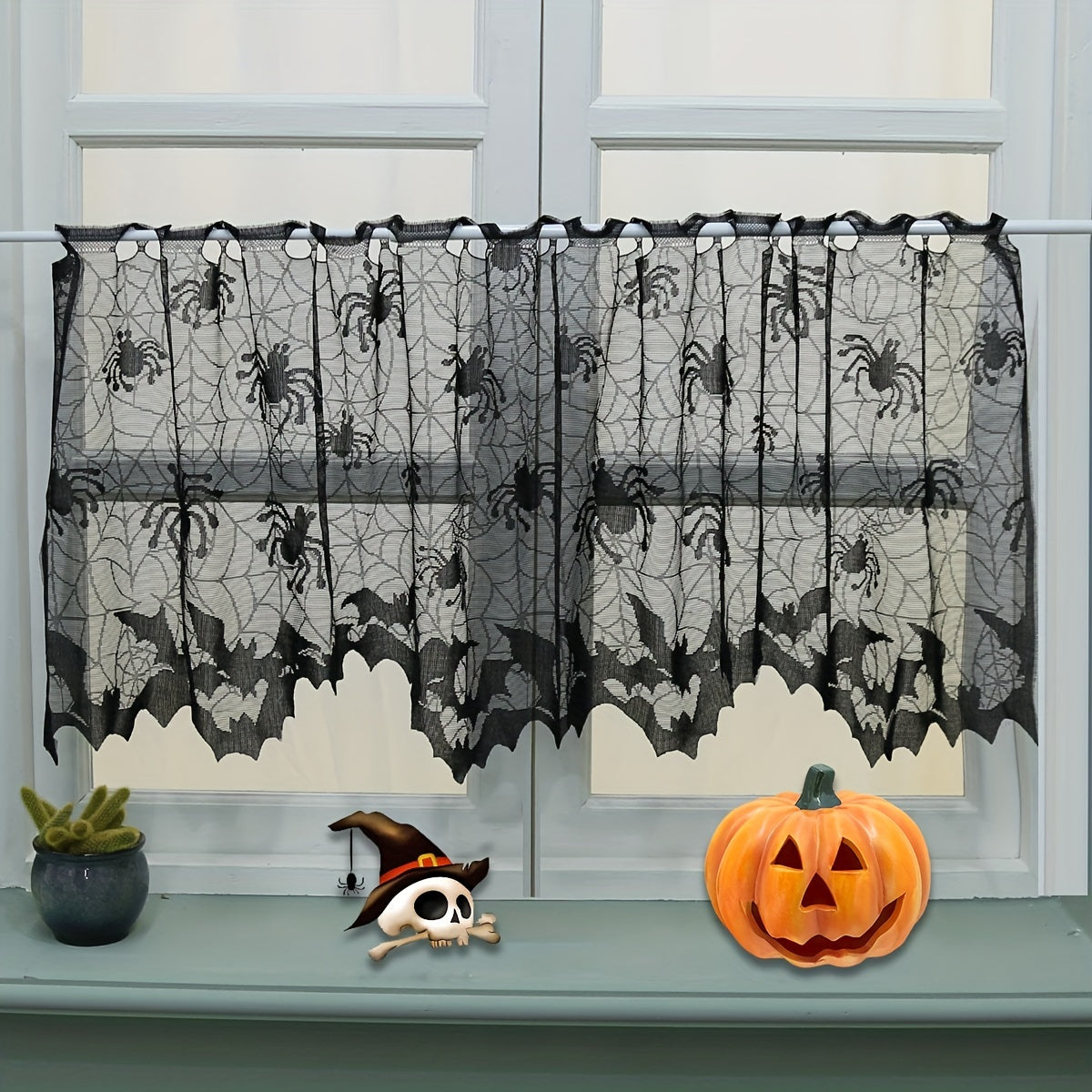 Lace Spider Cafe Curtain Halloween Tiers Short Curtain for Home Decor