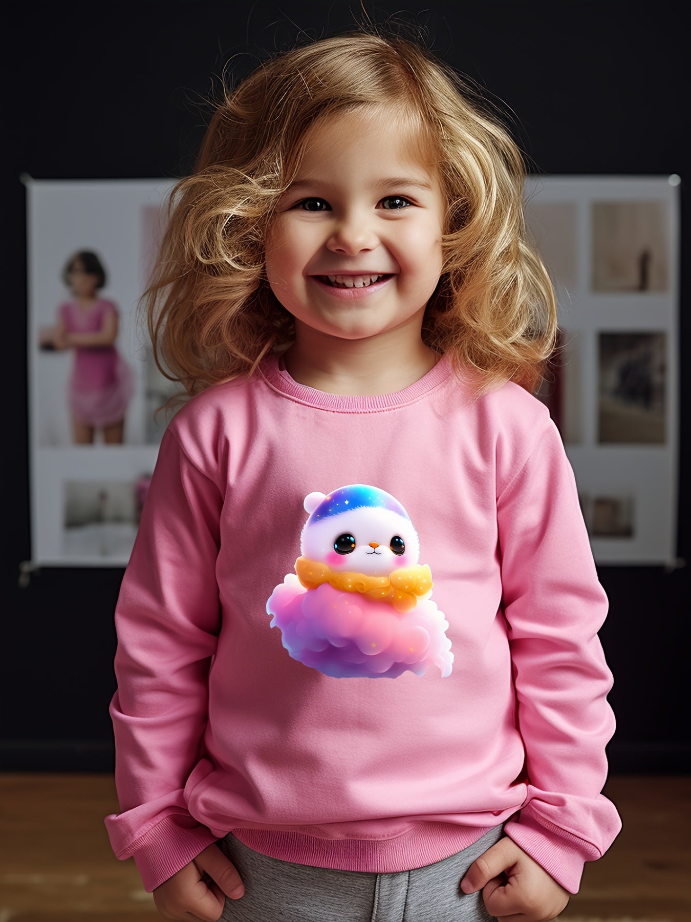 Cartoon Pattern Print Girls Pullover Sweatshirt for Fall Winter