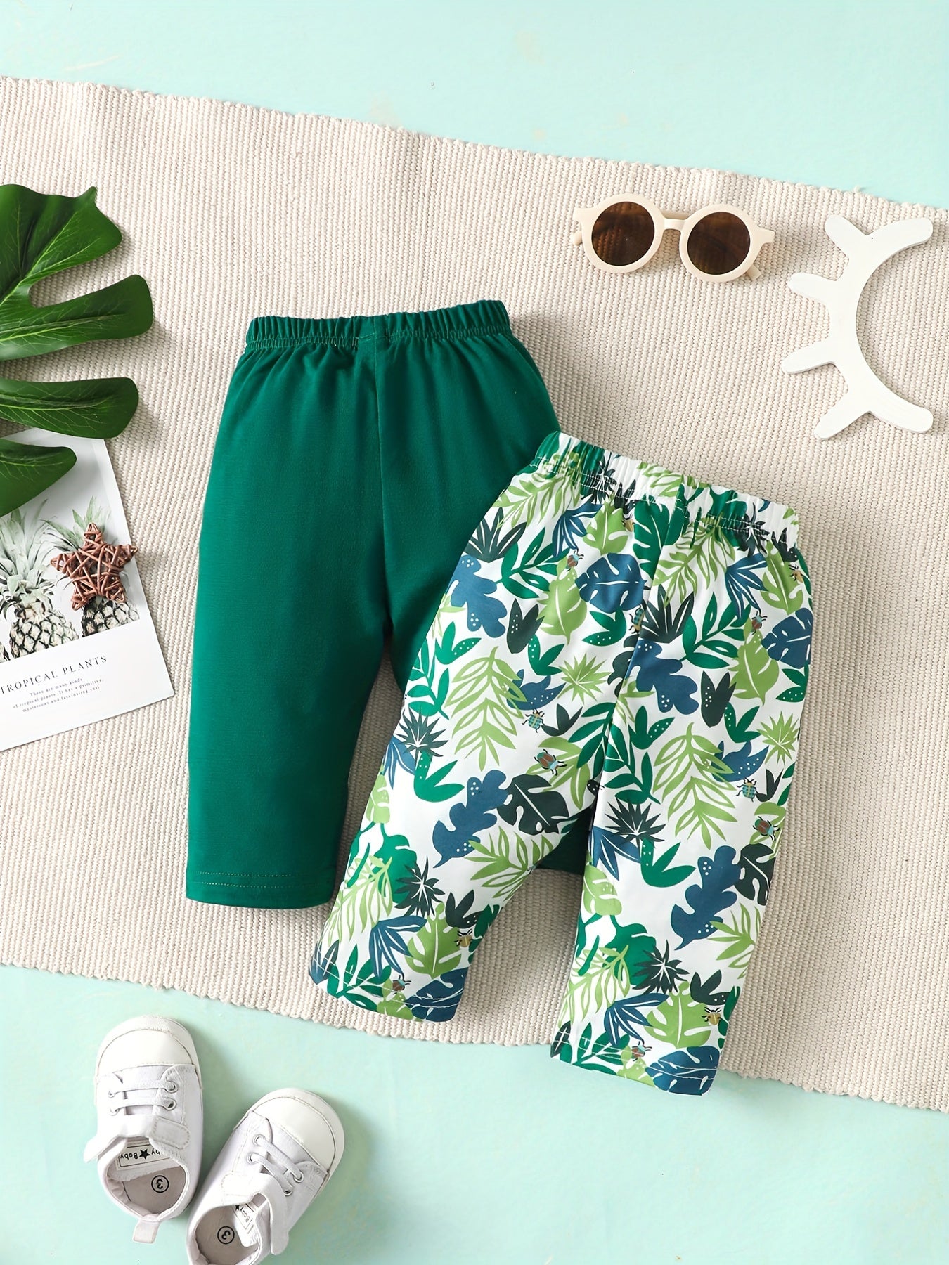 2pcs Baby Boy Green Plant Printed Leggings Cotton Trousers