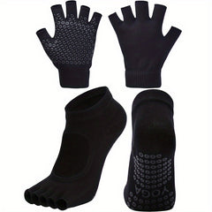 Non-slip Yoga Socks & Gloves Set Toeless Pilates Half Fingerless