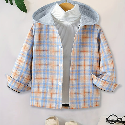 Boys Plaid Long Sleeve Hoodie Casual Shirt With Pocket