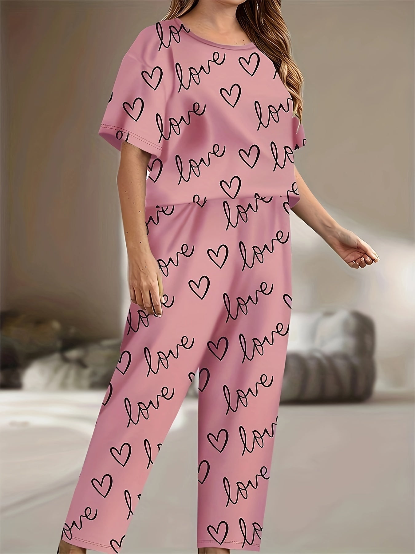 Pajama Set Women's Heart & Letter Print Tee & Pants 2 Piece