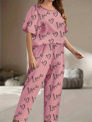 Pajama Set Women's Heart & Letter Print Tee & Pants 2 Piece