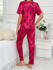 Heart Print Pajamas Sets Short Sleeve Tops & Pants Set Women's Sleepwear