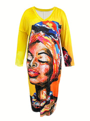 Painting Print Long Sleeve Maxi Dress With Pockets