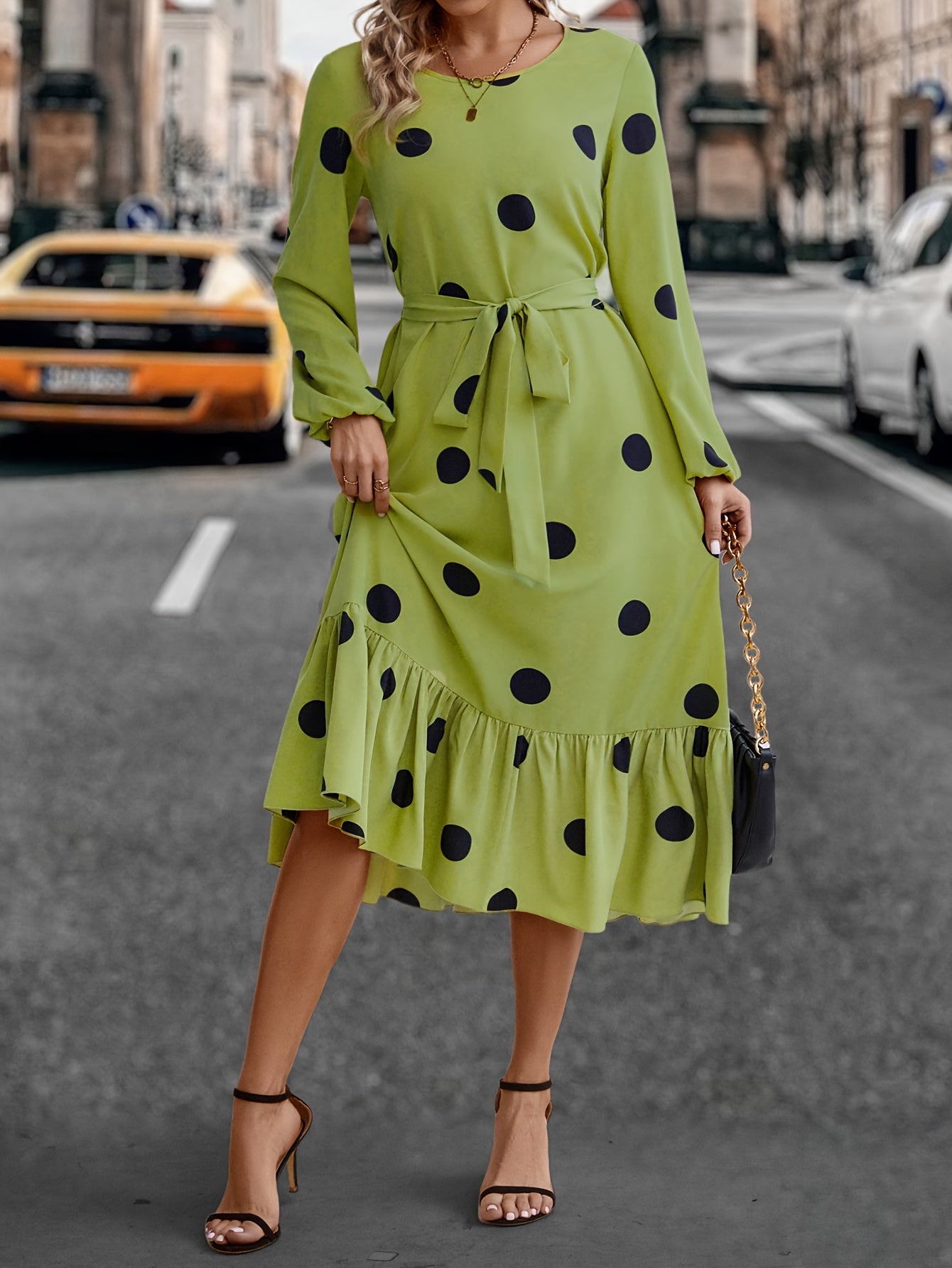 Plus Dot Print Long Sleeve Ruffle Trim Midi Dress