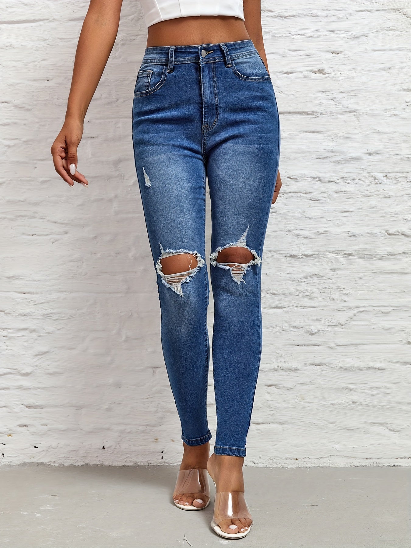 Ripped Knee Cut Skinny Jeans High Rise Distressed Denim Pants