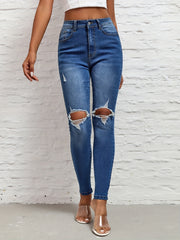 Ripped Knee Cut Skinny Jeans High Rise Distressed Denim Pants