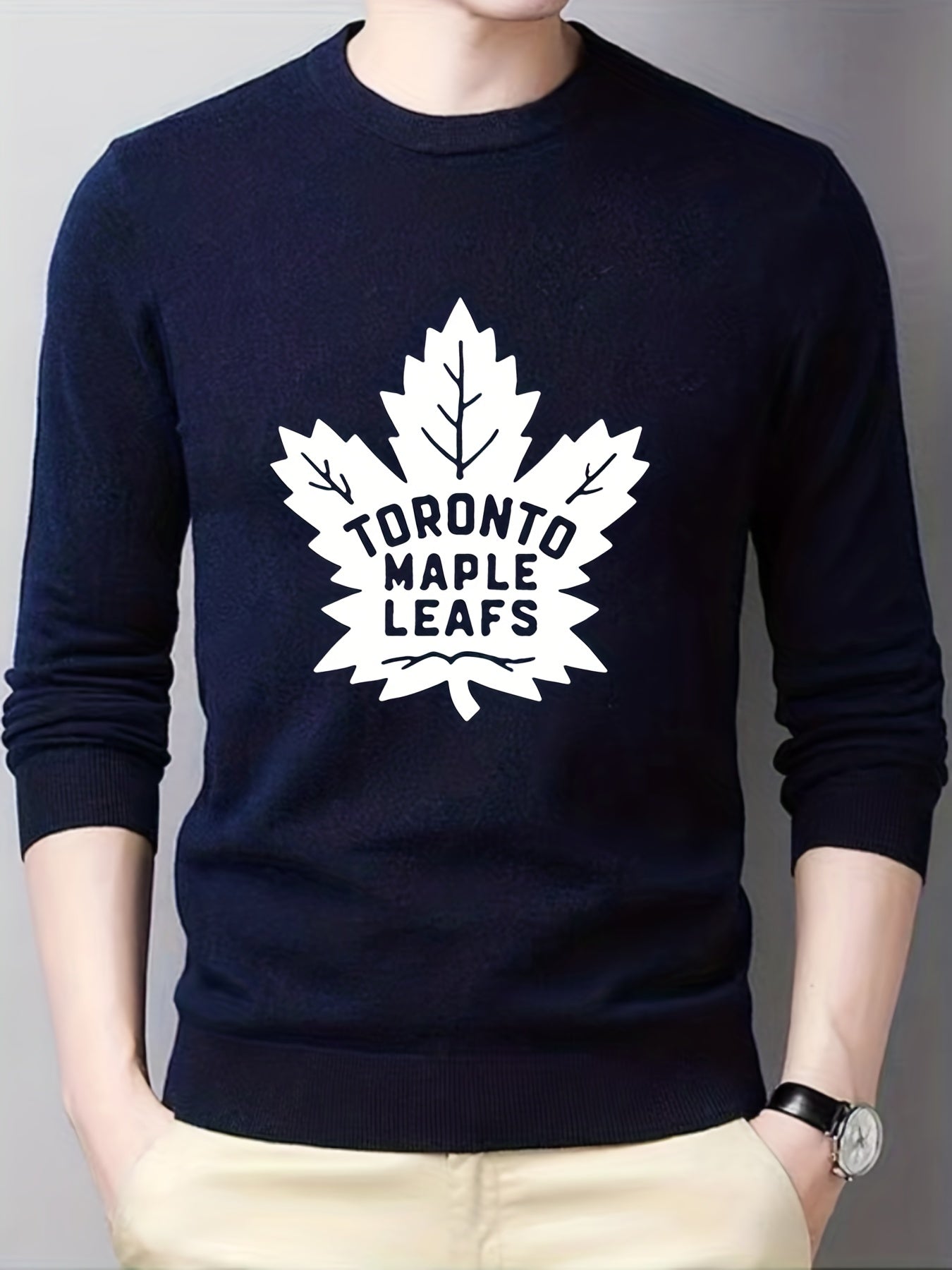 Toronto Maple Leaf Pattern Knitted Sweater Men's Crew Neck Pullover