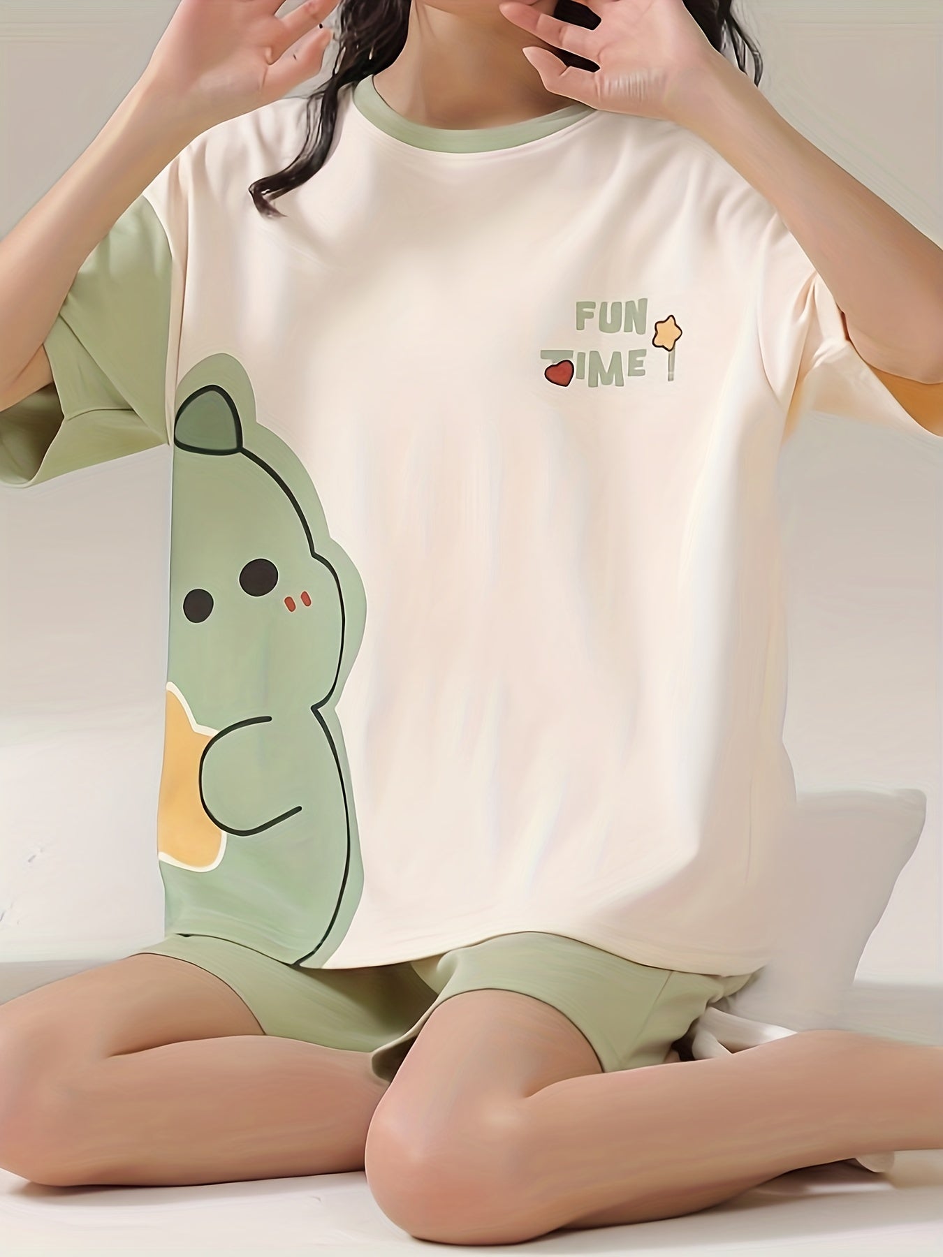 Cartoon Print Pajama Set Short Sleeve Top & Shorts