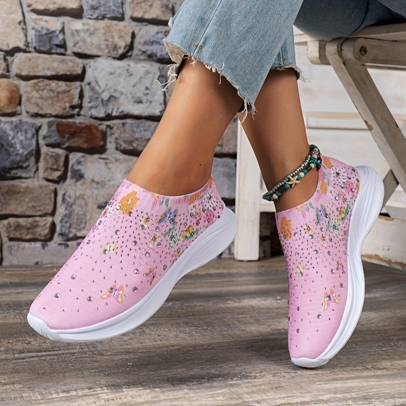 Women's Butterfly Print Sock Shoes Rhinestone Decor Slip On Sneakers