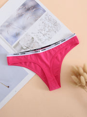 6 Pack Cotton Thong Panties, Solid Alphabet Waistline, Women's Lingerie