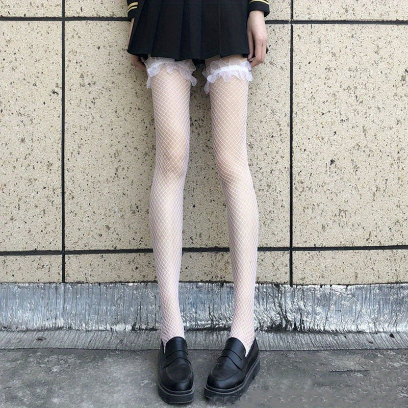 Ruffle Fishnet Thigh High Stockings Hollow Out Over The Knee Socks