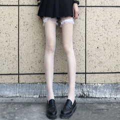 Ruffle Fishnet Thigh High Stockings Hollow Out Over The Knee Socks