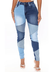 Patchwork Mid Waist Denim Pants Colorblock Stretchy Denim Jeans