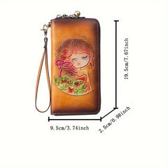 Handcrafted Leather Women's Wallet Floral & Illustration Zipper
