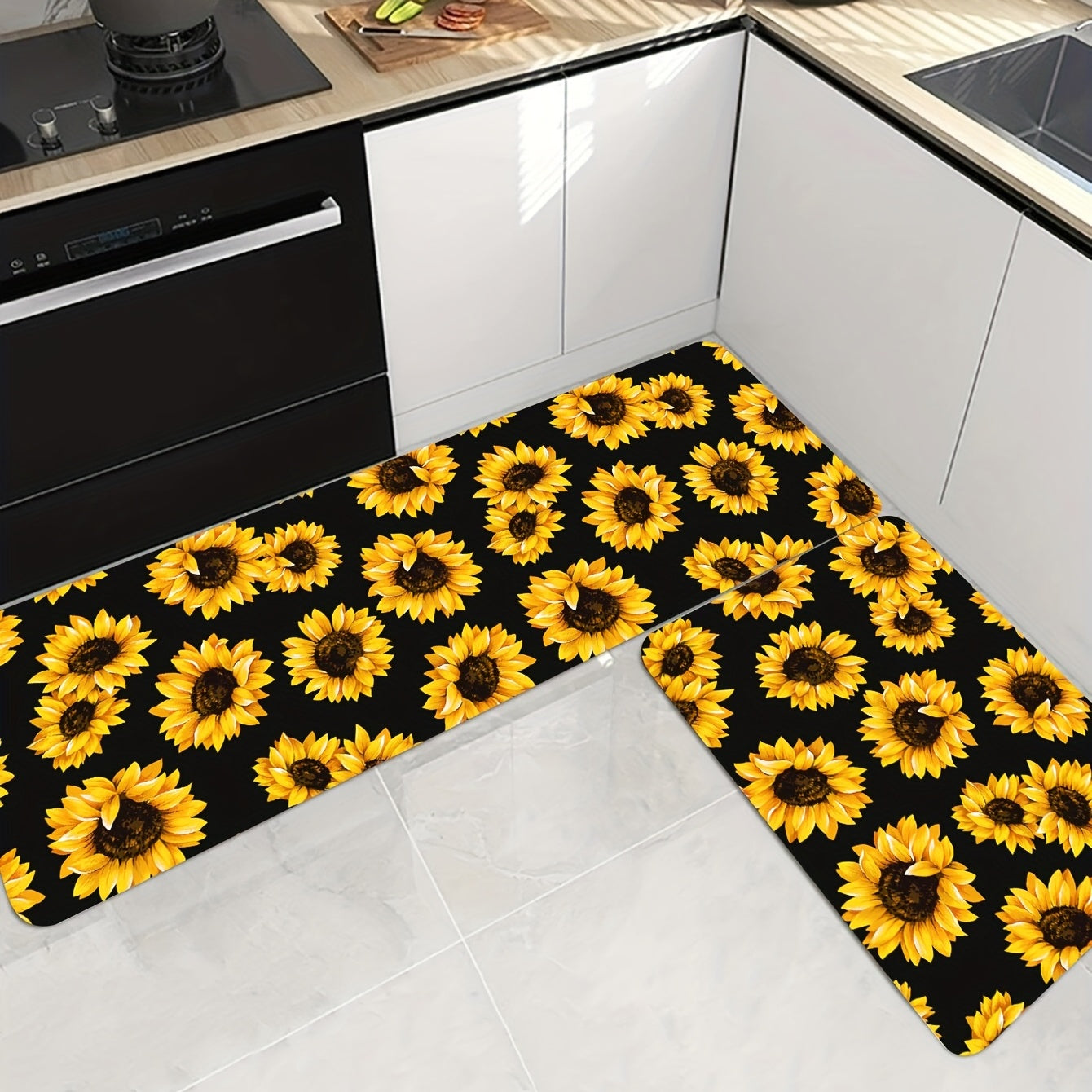 Sunflower Printed Kitchen Rug Anti Slip Absorbent Soft Cushioned