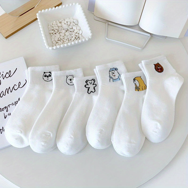 6 Pairs Cartoon Bear Print & Comfy Crew Short Socks Women's Stockings