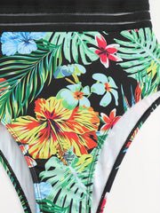 Tropical Floral Leaf Print Mesh Insert High Cut One Piece Swimsuit