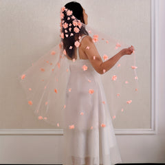 Romantic 3D Floral Bridal Veil Pink Flowers Long Finger Length
