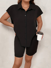 Sexy Cap Sleeve Button-Up Shirt & Biker Shorts Set