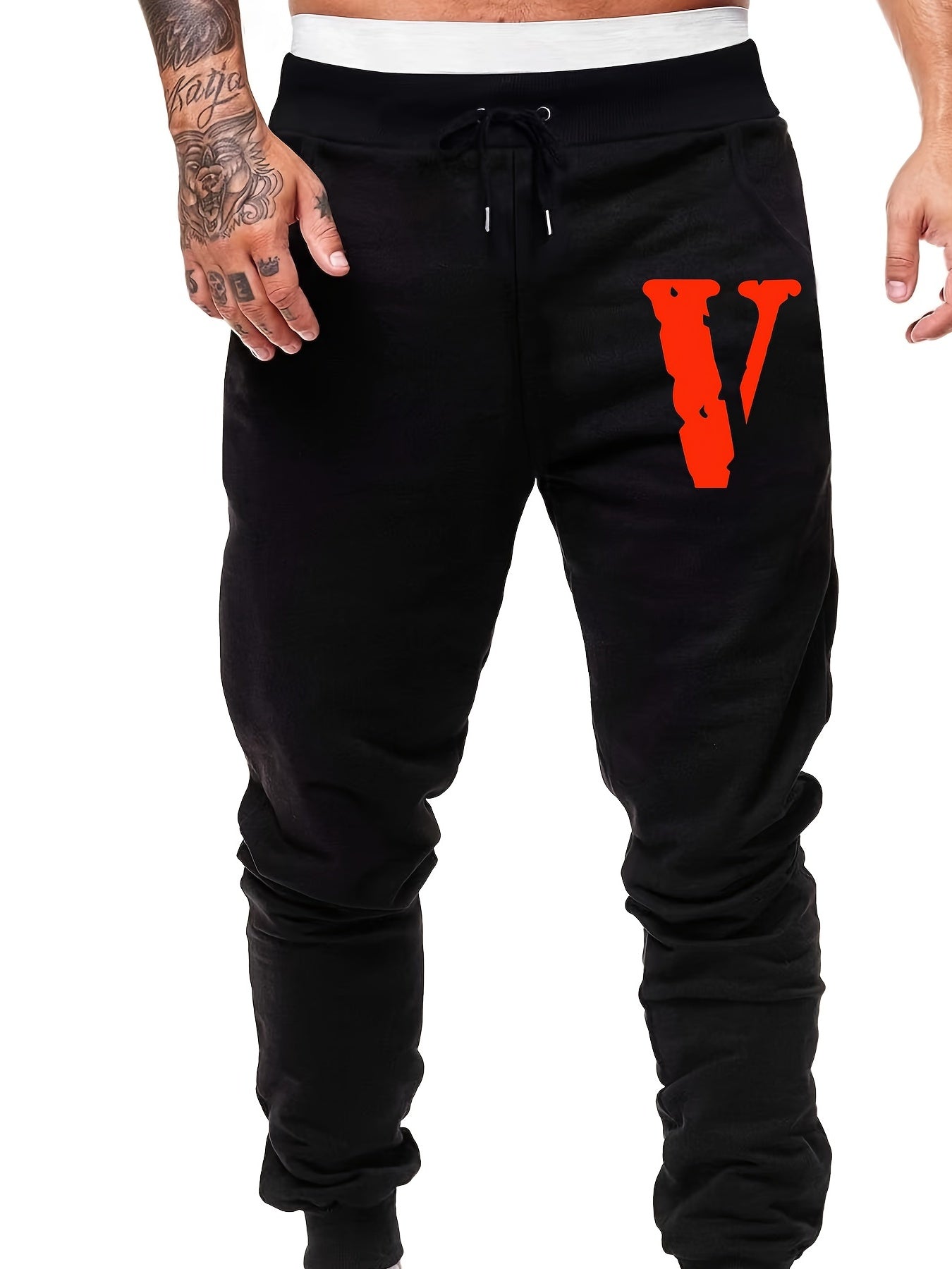 Men s Big V Print Drawstring Sweatpants Elastic Waist Jogger Pants
