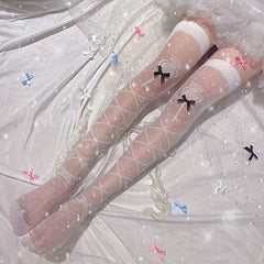 Bow Decor Thigh High Stockings Smooth Criss Cross Pattern Over The Knee Socks
