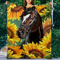 Horse Sunflower Painting Pattern Blanket Soft Cozy Flannel Lightweight Blanket