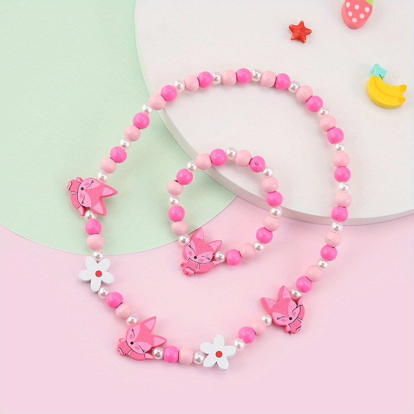 2pcs Cartoon Animal Beaded Necklace Bracelet Set for Girls