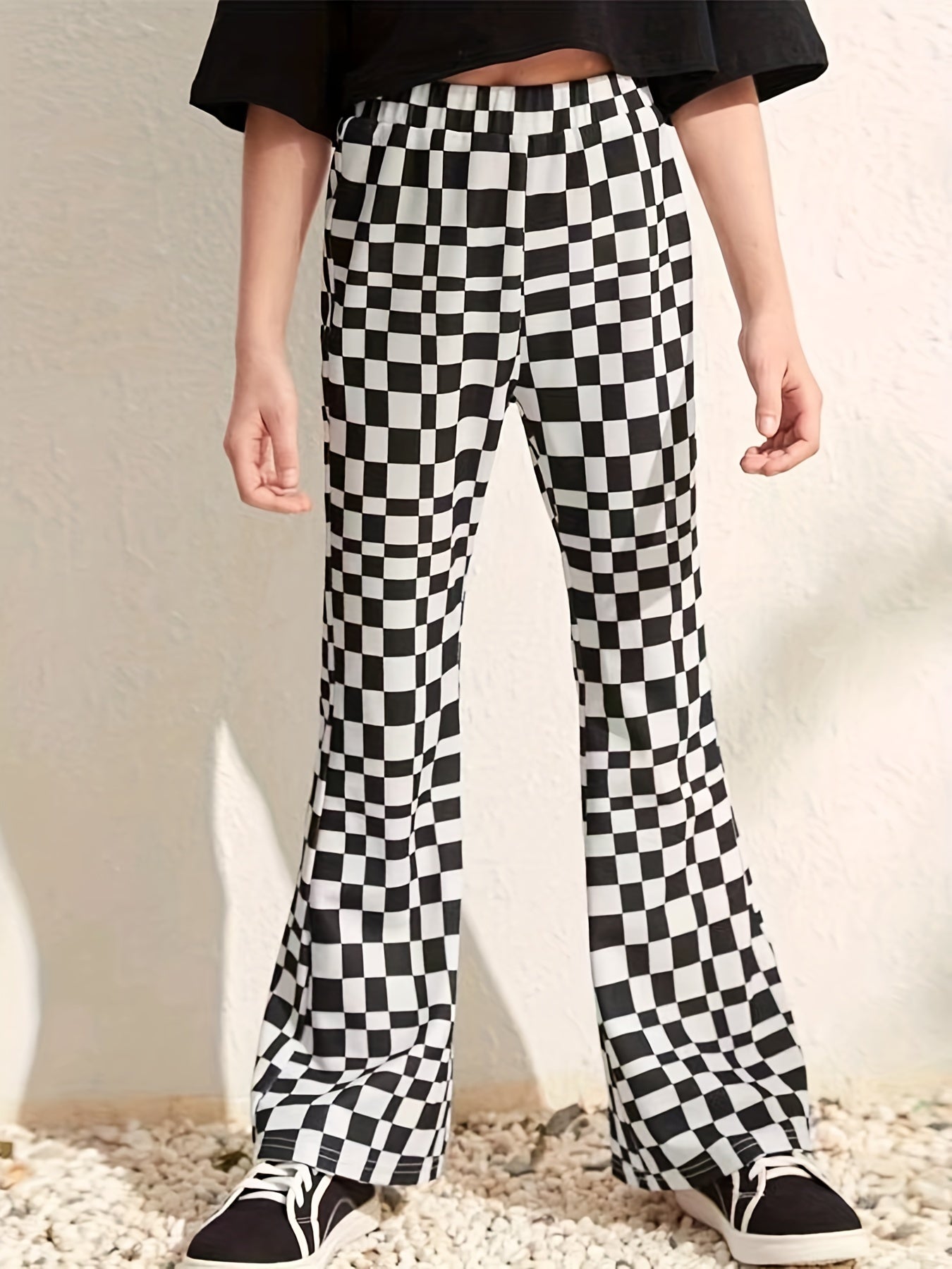 Girl's Plaid High Waisted Flare Leg Pants Stretch Bell Bottom