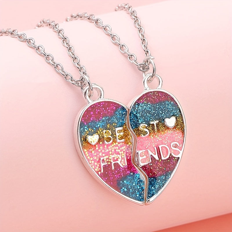 2pcs Girls Rainbow Glitter Heart Pendant Necklace Set