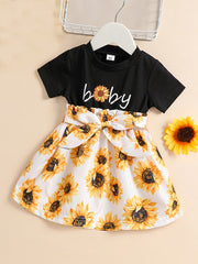 Baby Girls Sunflower Graphic Print Dress with Belt