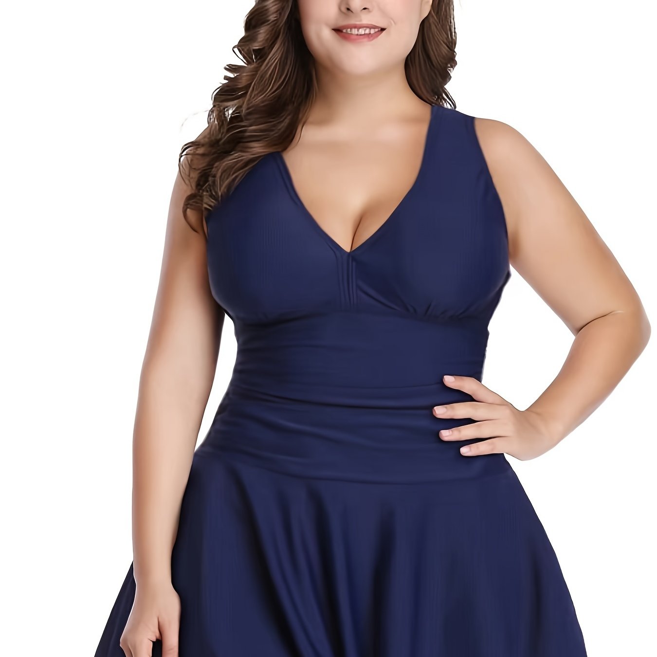 Deep V Neck Solid Swimsuit Two Piece Set Women's Plus